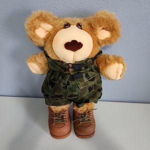 Vintage 1980s Furskins Plush Bear Doll Livingston Camoflauge Army Uniform Boots